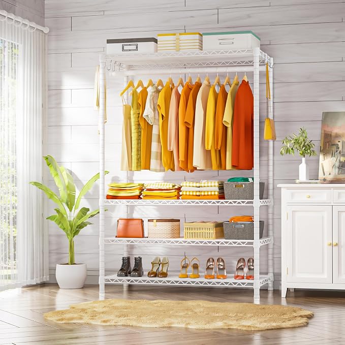 Ulif H4 Plus Garment Rack, 4-Tier Portable Clothes and Clothing Rack for Bedroom and Cloakroom, Closet Storage and Organizer Wardrobe System, 45" W x 14" D x 76.4" H, Load 522lbs, White | Heavy-Duty Metal Clothing Storage and Organizer Wardrobe System ...