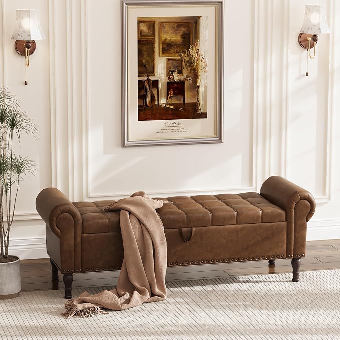 Apicizon 60” Bench with Storage, Upholstered Tufted Button Bedroom Bench with Storage, Faux Leather Ottoman Bench for Bedroom, Living Room, Entryway, Yellow Brown