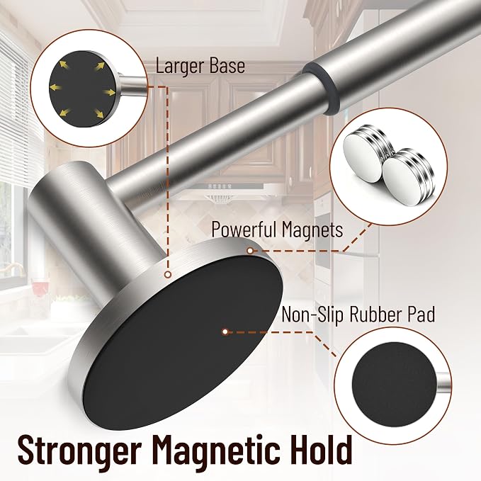 Magnetic Towel Bar, Adjustable Towel Rod with Larger Magnetic Base & Hidden Magnet Design, Non-Slip Magnetic Towel Holder for Refrigerator, Dishwasher, Oven, Washer (Silver, 1Pack)