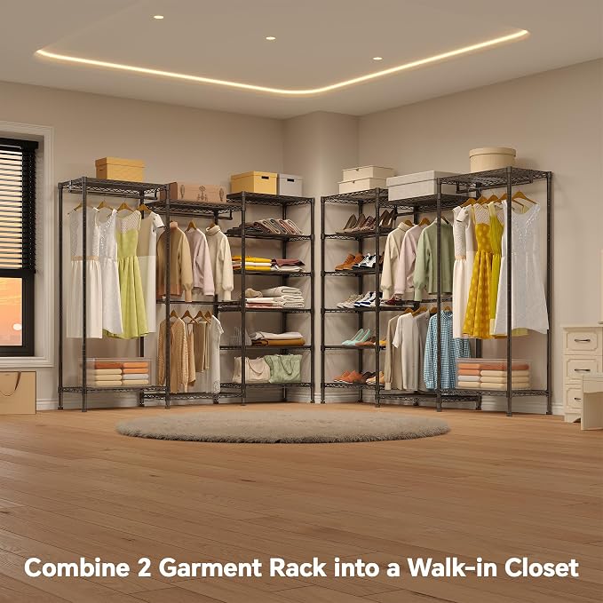 Higeego H12 Heavy Duty Clothes Rack, Black | Freestanding Clothing Rack with 6-Tier Adjustable Shoe Rack, 3 Hanging Rods, 15.7" D x 68.7" W x 76.4" H