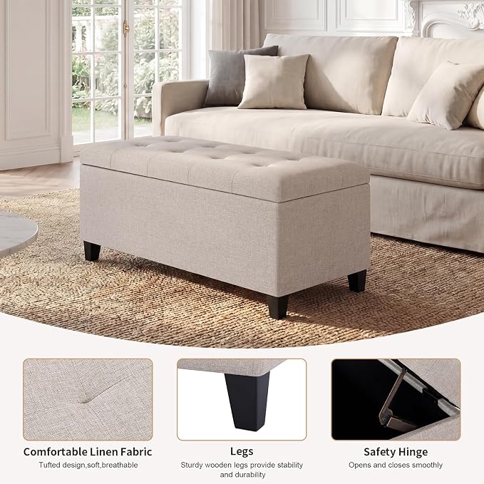 Storage Ottoman Bench, 33" Upholstered Tufted Linen Fabric Footrest Stool with Lift Top, Rectangular Storage Chest for End of Bed, Entryway, Living Room, Beige