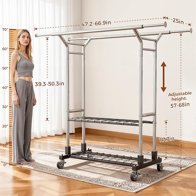 Luxspire Double Rod Clothing Racks for Hanging Clothes Load 650 LBS, Silver | Zinc-iron alloy frame, 2-tier sturdy shelves, lockable silent wheels, adjustable extendable rods for bedroom & laundry room