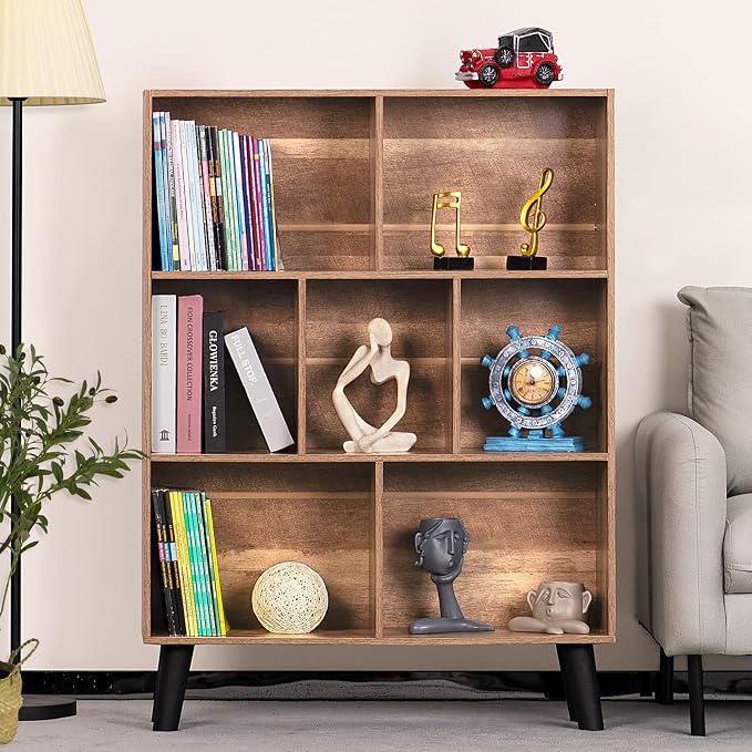 LEYAOYAO Cube Bookshelf, Mid-Century Modern Book Shelf with Legs, Oak | 3 Tier Bookcase, Rustic Wood Bookshelves Freestanding Small Storage Organizer, Open Shelves for Bedroom, Living Room, Office