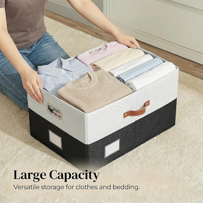 PRANDOM Storage Bins with Lids [3-Pack] Linen Fabric Foldable Storage Boxes Organizer Containers Baskets Cube with Cover for Bedroom Closet Office Grey&Black (23.4X15.9X11.4)