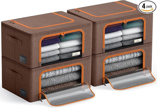 Sorbus Storage Bins with Metal Frame - Stackable & Foldable Clothes Organizer Bags - Oxford Fabric Storage Containers with Large Clear Window & Carry Handles, Bedroom Organization for Bedding & Linen