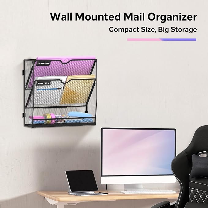 3-Tier Wall File Organizer with Base, Wall Mounted File Holder | Vertical Hanging File Organizer with Open Compartments and Label Holders for Mail, Folders and Paperwork at Home or Work