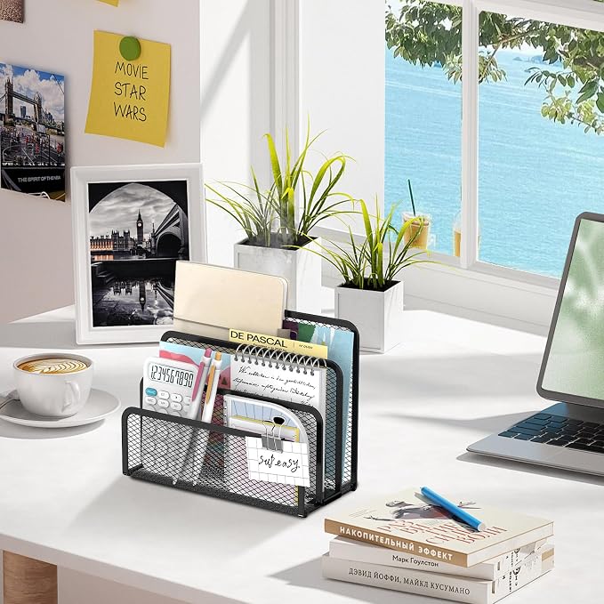 Mail Organizer Countertop for Desk, Mail File Holder with 3-Slot, Black | Metal Mesh Mail Sorter for Letters, Envelopes, Bills, and Files for Home Offices, Classroom Organization