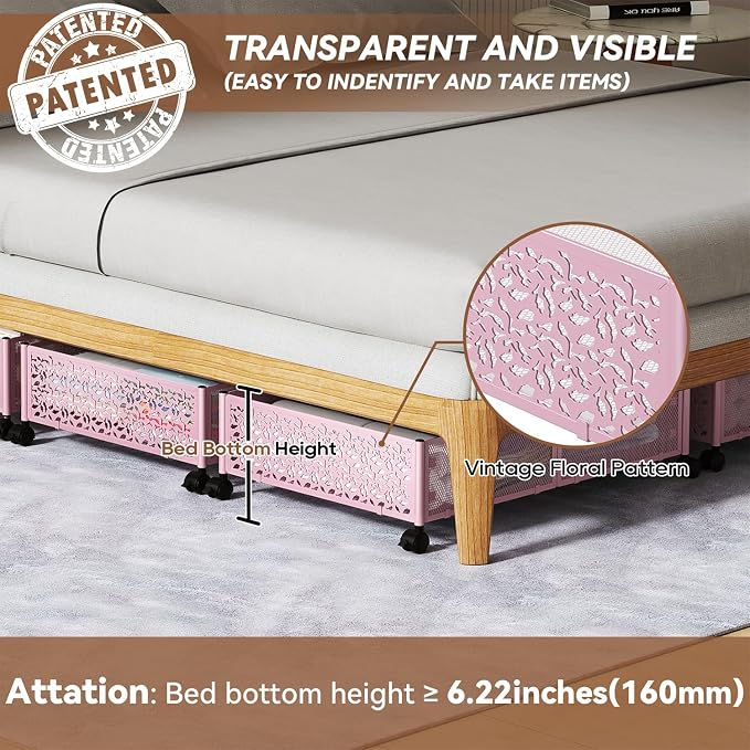 PHINOX Under Bed Storage Container with Wheels,Patterned,Metal,2 Pack,Pink | Tool-free assembly, glide smoothly, easy reach, foldable, maxmazie low-profile beds, dorm, keep seasonal clothes, shoes fresh