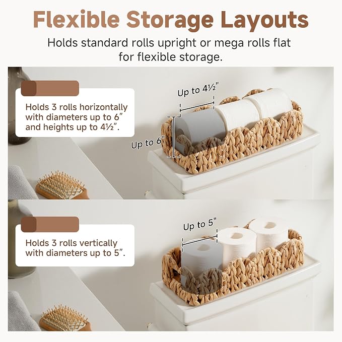 StorageWorks Wicker Scalloped Basket, Small Bathroom Baskets for Storage | Water Hyacinth Decorative Toilet Paper Basket with Handles , Back of Toilet Basket Tank Topper for Bathroom Decor