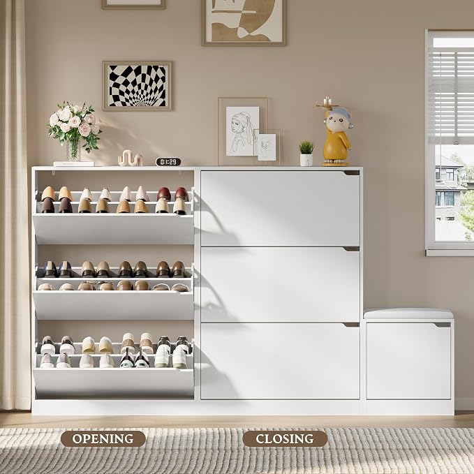 BORNOON Shoe Cabinet with Bench and 3 Flip Drawers, Slim Narrow Shoe Storage Cabinet, Freestanding Shoe Rack Organizer with Adjustable & Removable Shelves, Anti-Tip for Entryway, Hallway, Foyer
