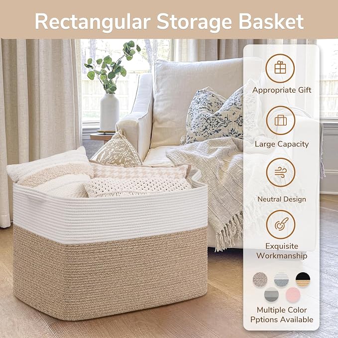 Goodpick 105L Extra Large Cotton Rope Blanket Basket, White & Light Brown | 25 x 16 x 16 in, Reinforced Handles, Living Room, Bedroom & Nursery Organization, Blankets, Toys, Clothes & Pillows Storage