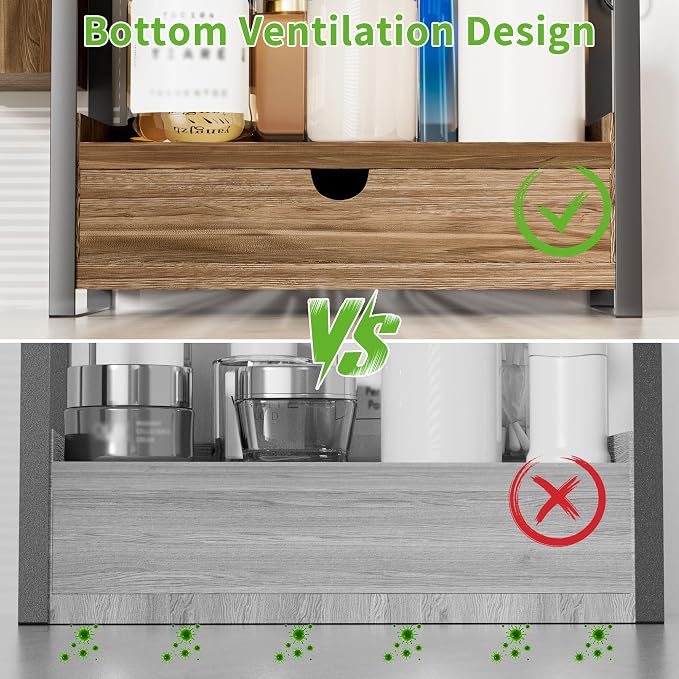 2-Tier Bathroom Counter Organizer, Wooden Vanity Shelf with Drawer & Basket | Pre-Drilled Holes, Skincare & Makeup Countertop Organizer and storage, Dark Brown
