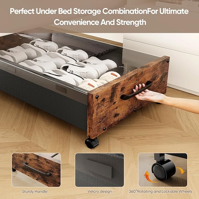 KITHELP Wooden Under Bed Storage with Wheels, Rolling Under the Bed Storage Bins with Removable Lid, Metal Under Bed Drawers for Clothes and Shoes in Bedroom or Living Room(Walnut Brown-2pack)