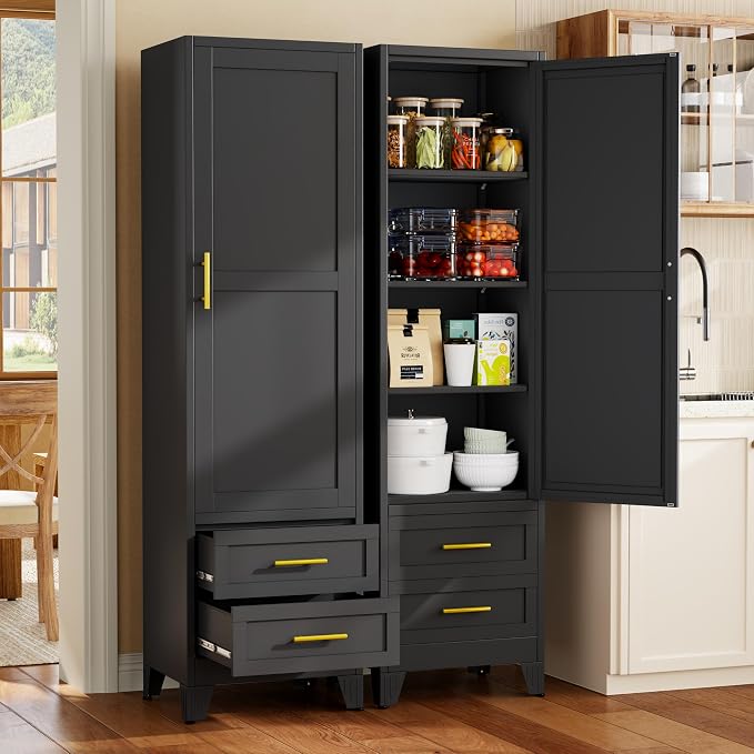 Tall Metal Narrow Storage Cabinet 67" H with 2 Drawer, Black Pantry Cabinets with 3 Adjustable Shelves and Door,Tall Bathroom Cabinet for Kitchen, Home Office, Living Room, Dining Room