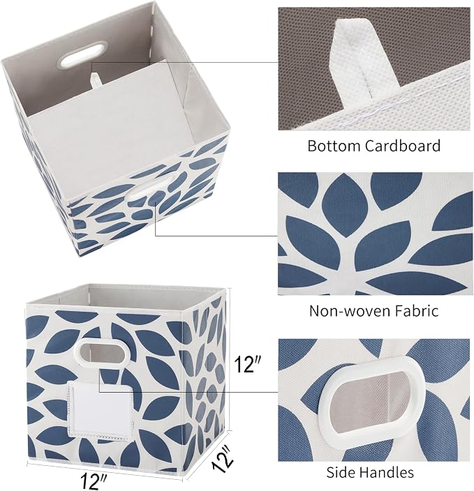 MAX Houser Fabric Storage Bins Cubes Baskets Containers with Dual Plastic Handles for Home Closet Bedroom Drawers Organizers, Flodable, Blue, Set of 4
