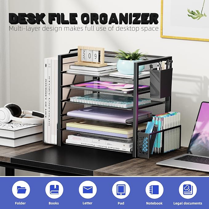 Simple Trending 6 Tier Metal Desk File Organizer with 2 Pen Holders, Black | 18"L x 9"W x 13"H, 6 Trays + Side file holder + 2 pen holders, sturdy metal frame, non-slip base, easy assembly, 24h support.