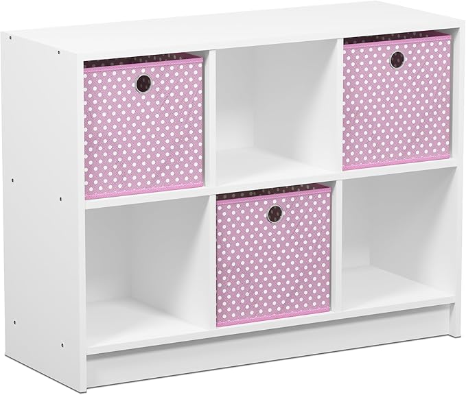 Furinno BASIC Book Shelf, 6-Cube Bookshelf with Open Shelf, 3 x 2 Bookcase with Storage Bins, Closed Back, Horizontal, 11.9 x 31.6 x 23.6, for Living Room, Bedroom, Home Office, White/Pink