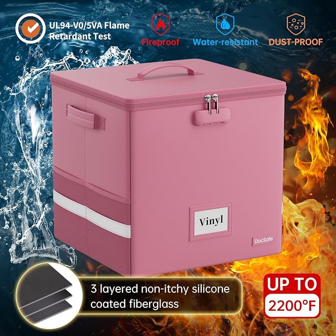 DocSafe Vinyl Record Storage Box with Lock, Fireproof＆Water Resistant Record Organizer for 100+ Single Records(12-inch), Collapsible Storage Crate with Lid&Handles for Valuable Album Collection,Pink