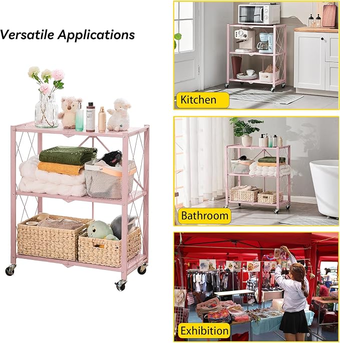 BRIAN & DANY 3-Tier Foldable Storage Shelves with Wheels, No Assembly Folding Shelf Metal Rack, Shelving Unit for Kitchen, Garage, Pink