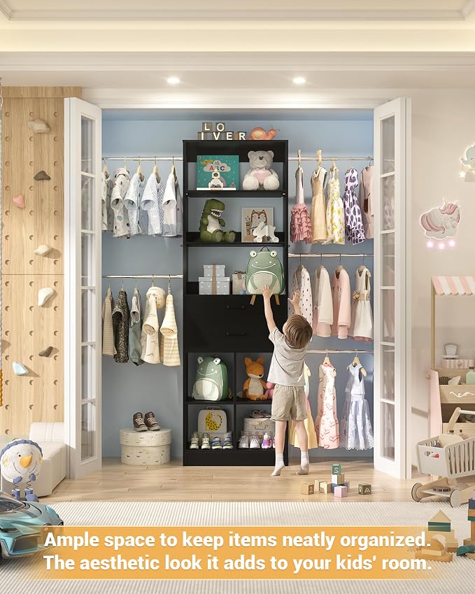Besiost Small Closet System, 3.2-6.8FT Small Closet Organizer with 5 Hanging Rods, Can Fit 37.5 to 81.9 inch Walk-in Closet System, Built-in, Black, Enclosed Storage Volume 2.32 ft³