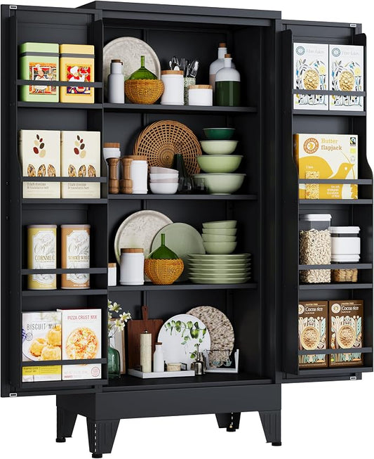 48" H Metal Kitchen Pantry Storage Cabinet, Freestanding Cupboard Storage Cabinet with Doors and Adjustable Shelves, Large Stand Up Food Cupboard for Living Room, Dinning Room, Black