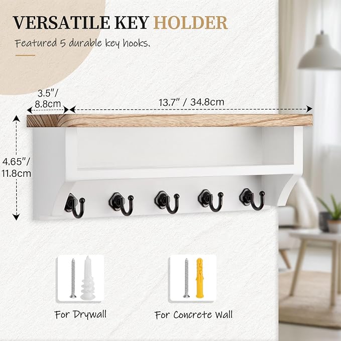 Nekon Key Holder Wall Mount, Wall Organizer Shelf with 5 Key Hooks, Room Decor for Home and Apartment Essentials, Light Brown and White