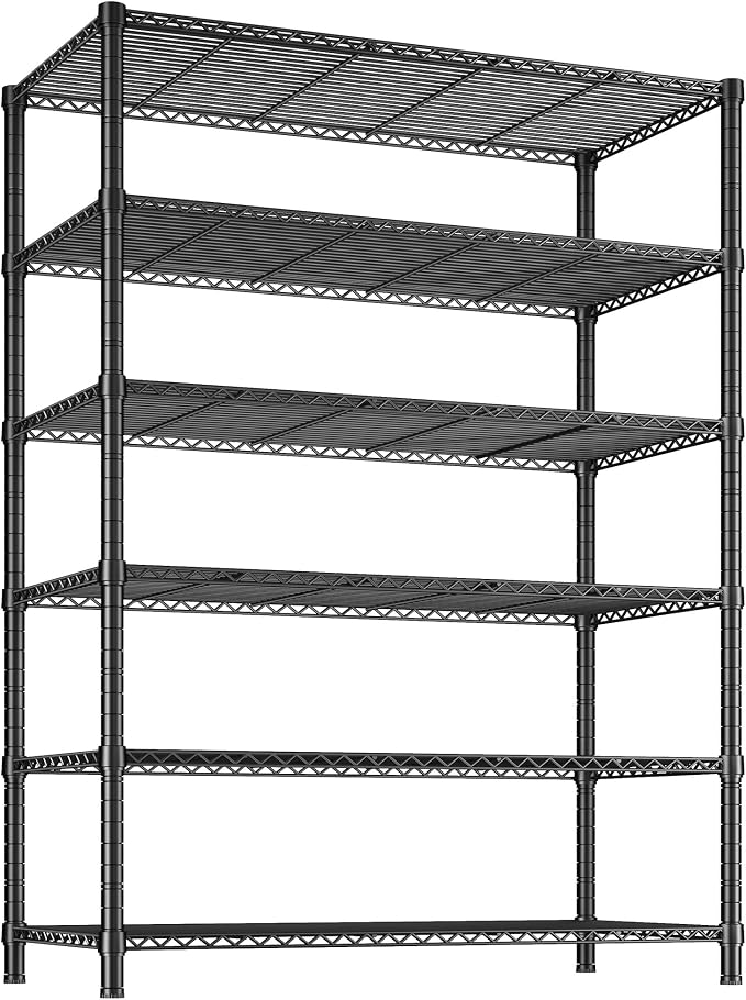 REIBII 75''H 6 Tier Wire Shelving,1800LBS Storage Shelves,Kitchen,Pantry | 19.1mm diameter rods, 300 lbs/shelf, adjustable shelf height with leveling feet, tool-free setup, fits garage/basement