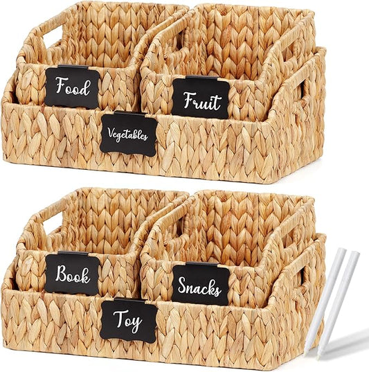Wicker Baskets for Organizing, Pantry Baskets with Built-in Handles, Handwoven Labeled Wicker Storage Basket, Water Hyacinth Storage Bins for Shelves, 3 Pack, Natural - 2 Set
