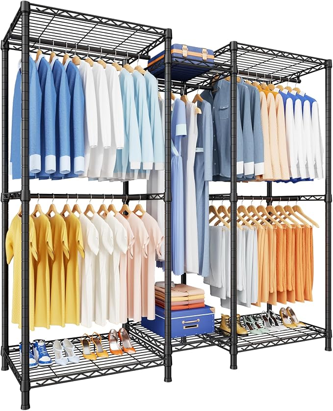 E12 Clothes Rack，Heavy Duty Freestanding Garment Rack with Shelves，Metal Clothing Closet Storage System for Hanging Clothes，57.1" W x 16" D x 76.5" H, Hold 860 lbs，Black
