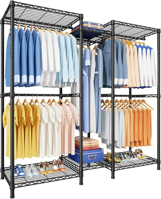 E12 Clothes Rack，Heavy Duty Freestanding Garment Rack with Shelves，Metal Clothing Closet Storage System for Hanging Clothes，57.1" W x 16" D x 76.5" H, Hold 860 lbs，Black