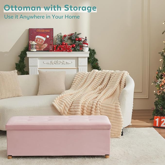 BRIAN & DANY 43 Inches Folding Storage Ottoman Bench, Ottoman with Storage Bench for Bedroom, Living Room, Entryway, with Legs, Pink