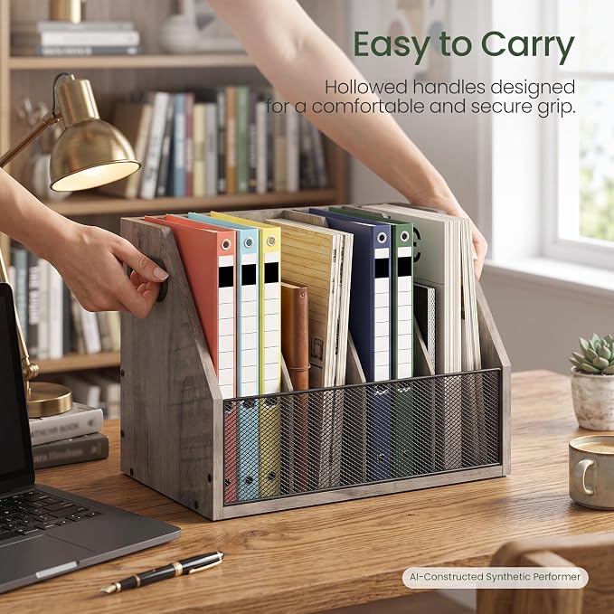 Wooden Desktop File Organizer with Removable Dividers, Mesh Front Panel for Paper, Mail, Magazine, Home Office Desk Storage, Easy Assembly, Greige MWJ06FH