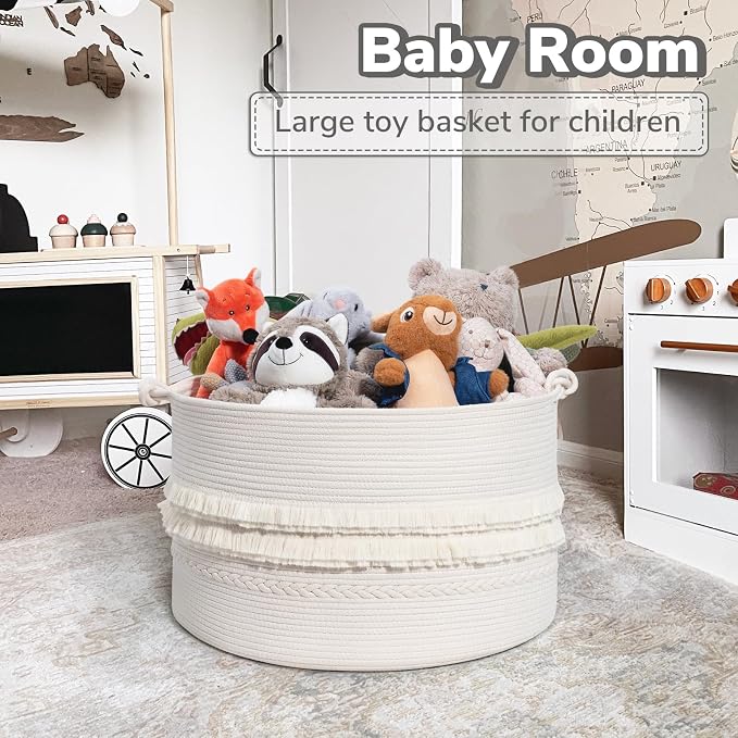 CherryNow 90L Large Woven Rope Blanket Basket with Tassel, 22" x 14", White | Boho Basket for Toys, Clothes & Pillows Storage, Fits Bedroom Living Room Home Décor, Laundry Hamper with Knotted Handles