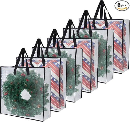 Heavy-Duty Clear Wreath Storage Bag & Sturdy Moving Box Alternative – 26 Inch Large Capacity Container with Zipper for Christmas Decorations, Seasonal Wreaths, Clothes, Bedding,Gift (6-Pack)
