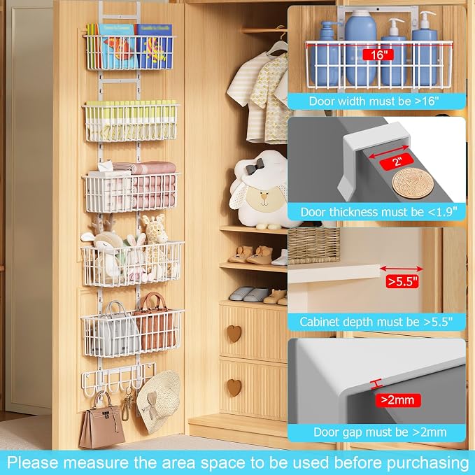 Hongtamoya Over The Door Organizer, Hanging Door Organizer with 5 Metal Baskets, Behind The Door Storage for Pantry Closet Bedroom Bathroom Cabinet Kitchen, White