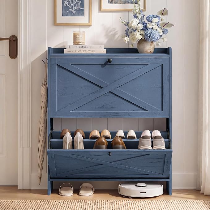 VASAGLE Shoe Storage Cabinet Organizer with 2 Flip Drawers, Freestanding Narrow Shoe Rack Cabinet for Entryway, Farmhouse Style, Fits 14 to 16 Pairs, Cloud Creek Blue UHSC203QR01