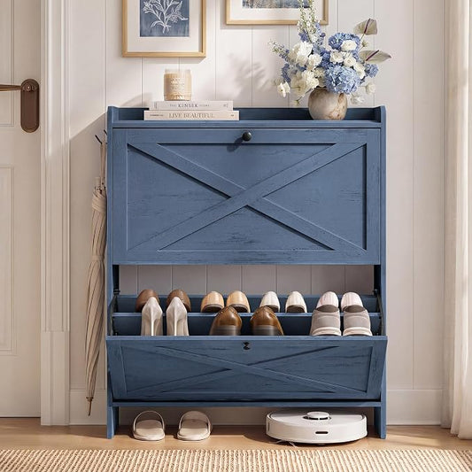 VASAGLE Shoe Storage Cabinet Organizer with 2 Flip Drawers, Freestanding Narrow Shoe Rack Cabinet for Entryway, Farmhouse Style, Fits 14 to 16 Pairs, Cloud Creek Blue UHSC203QR01