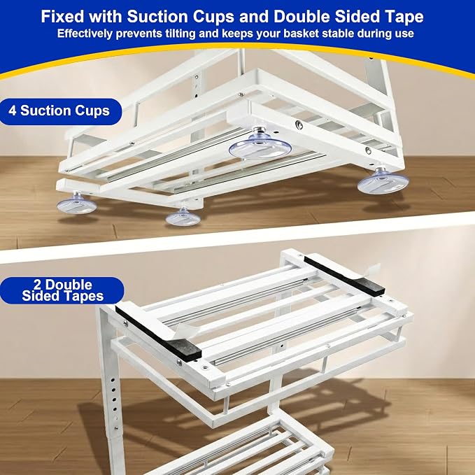 2-Tier Under Sink Organizer, Metal Pull Out Shelf, White | Carbon steel 2-tier shelf, ball-bearing pull-out, adjustable height, no-drill setup, for bathroom and kitchen cabinets