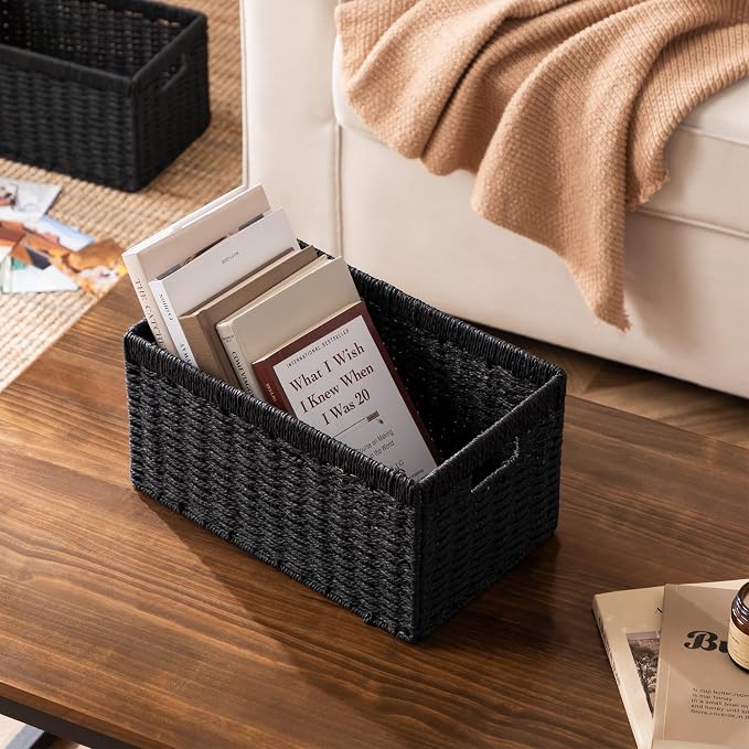 UBBCARE 3 Pack Wicker Basket, 13.4L×8.3H×7.1W inch Woven Paper Rope Storage Baskets for Shelves, Foldable Rectangular Storage Baskets with Handle, Storage Basket for Organizing, Black