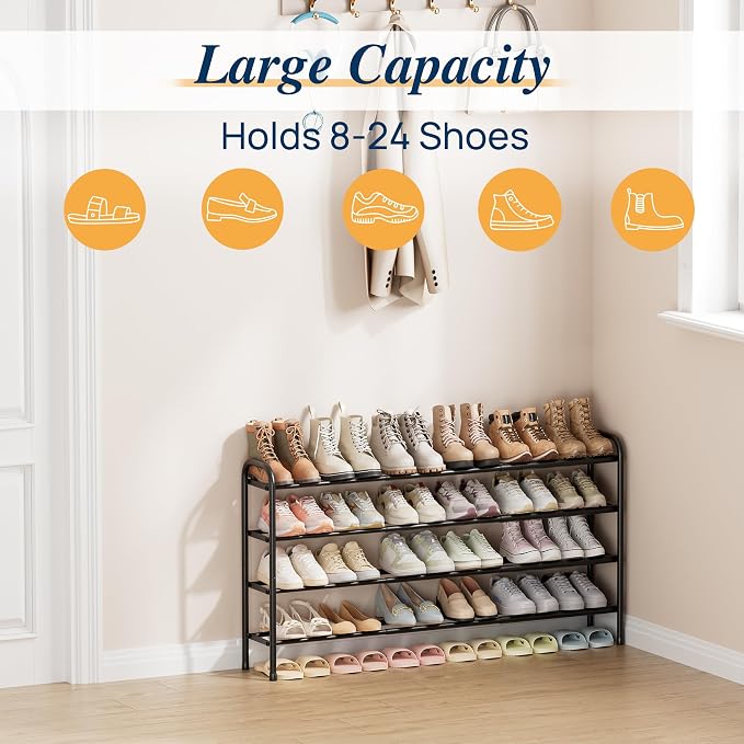 ENJOYBASICS 4 Tier Expandable Shoe Rack for Closet, Small Metal Shoe Organizer, 24 Pairs, Black