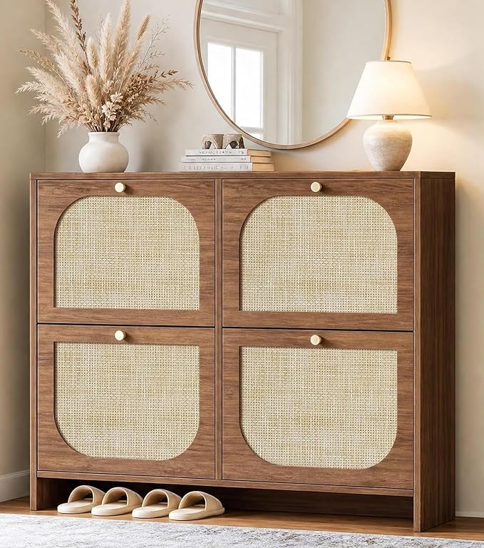 Nicetree Freestanding Ultra Slim Arched Accent Entryway Shoe Storage - 4 Flip Drawers & 3-Tier Adjustable Shelves, Modern Slim Shoe Cabinet for Hallway, Foyer (flip Down Shoe Cabinet | Amber Oak)
