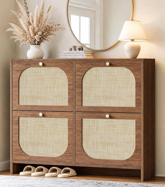 Nicetree Freestanding Ultra Slim Arched Accent Entryway Shoe Storage - 4 Flip Drawers & 3-Tier Adjustable Shelves, Modern Slim Shoe Cabinet for Hallway, Foyer (flip Down Shoe Cabinet | Amber Oak)