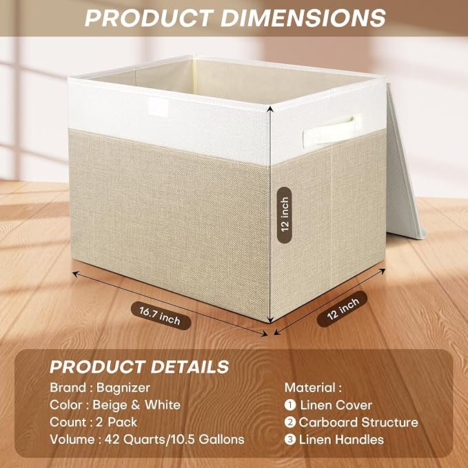 Bagnizer Large 42 Quarts Fabric Storage Bins with Lids [2-Pack] Linen Collapsible Foldable Baskets, Closet Organizer Containers boxes with Handles for Home Office (16.7 x 12 x 12, Beige & White)