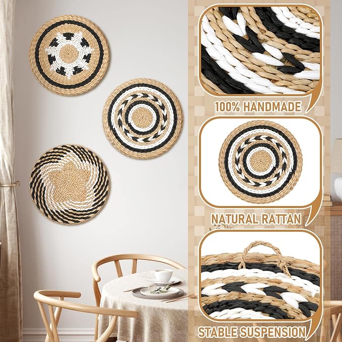 Glenmal 3 Pcs Boho Wall Basket Decor Decorative Bulrush Woven Basket Wall Decor Art Farmhouse Handmade Hanging Baskets with African Design for Living Room Display Table Settings Kitchen Home(Vivid)