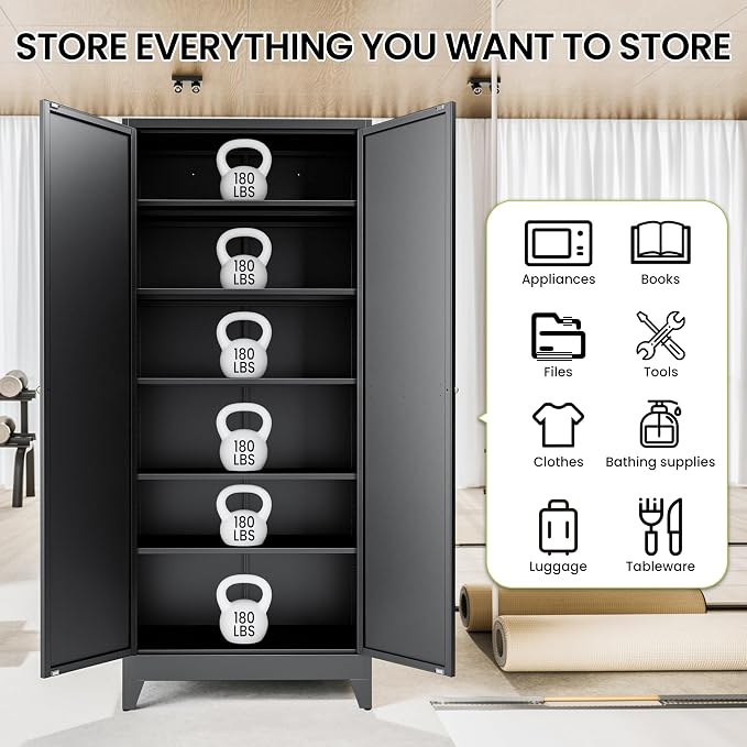AQY 75" Pantry Cabinet, Black Freestanding Storage Cabinet with 5 Adjustable Shelves, Metal Pantry Cupboard with Ventilation Design & Hanging Hooks, 2-Door Kitchen Organizer for Living Room Kitchen | 5 Adjustable Shelves • Ventilated Metal Cabinet • Ha...