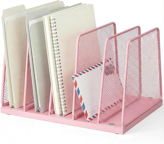 AUPSEN 5-Section File Organizer for Desk, Wood Mesh Desktop File Organizer, File Sorter Storage Rack, Vertical Folder Holder for Files, Magazines, Books (Pink)