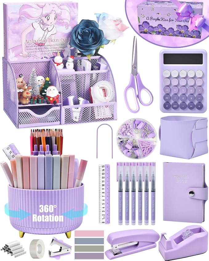 LXEVIHK 21Pcs Purple Desk Organizers and Accessories With Mesh Desk Organizer and 360°Rotating Pen Holder and a Lot of Office Purple Office Supplies Beautifully Presented in a Gift Box