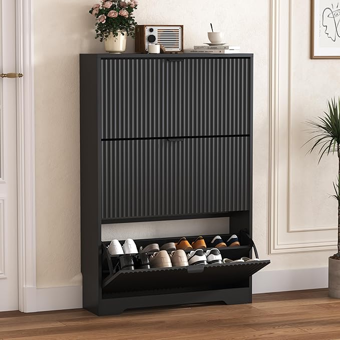 HUANLEGO Shoe Cabinet Storage for Entryway with 3 Flip Drawers, Black Fluted Shoe Cabinet with Adjustable Shelves, Wooden Hidden Shoe Rack Freestanding Narrow Slim Shoes Storage for Hallway, Entrance