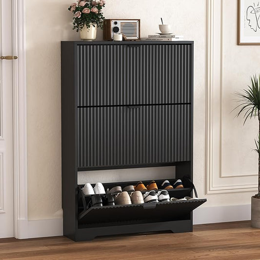 HUANLEGO Shoe Cabinet Storage for Entryway with 3 Flip Drawers, Black Fluted Shoe Cabinet with Adjustable Shelves, Wooden Hidden Shoe Rack Freestanding Narrow Slim Shoes Storage for Hallway, Entrance
