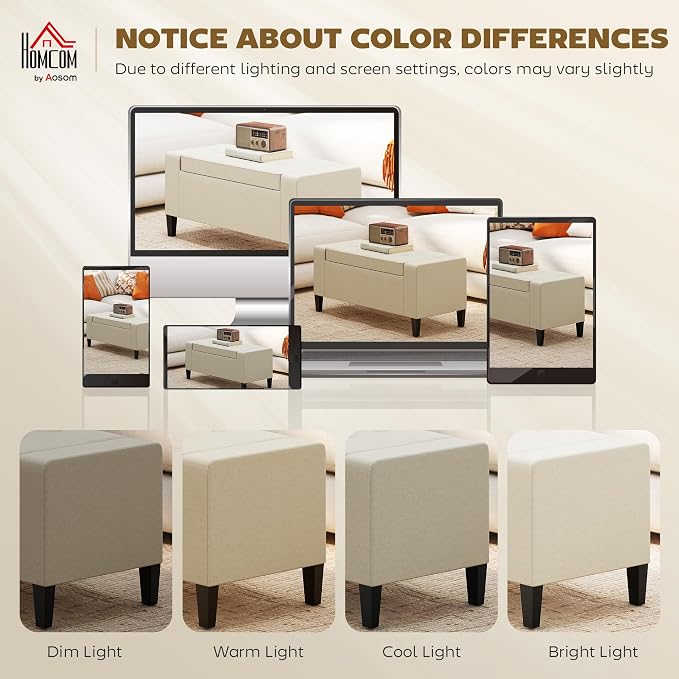 HOMCOM 36" Ottoman with Storage, Lift Top Rubberwood Legs 330 lb Beige | Storage Ottoman Bench, Linen Upholstered Entryway Seat, Living Room, Bedroom